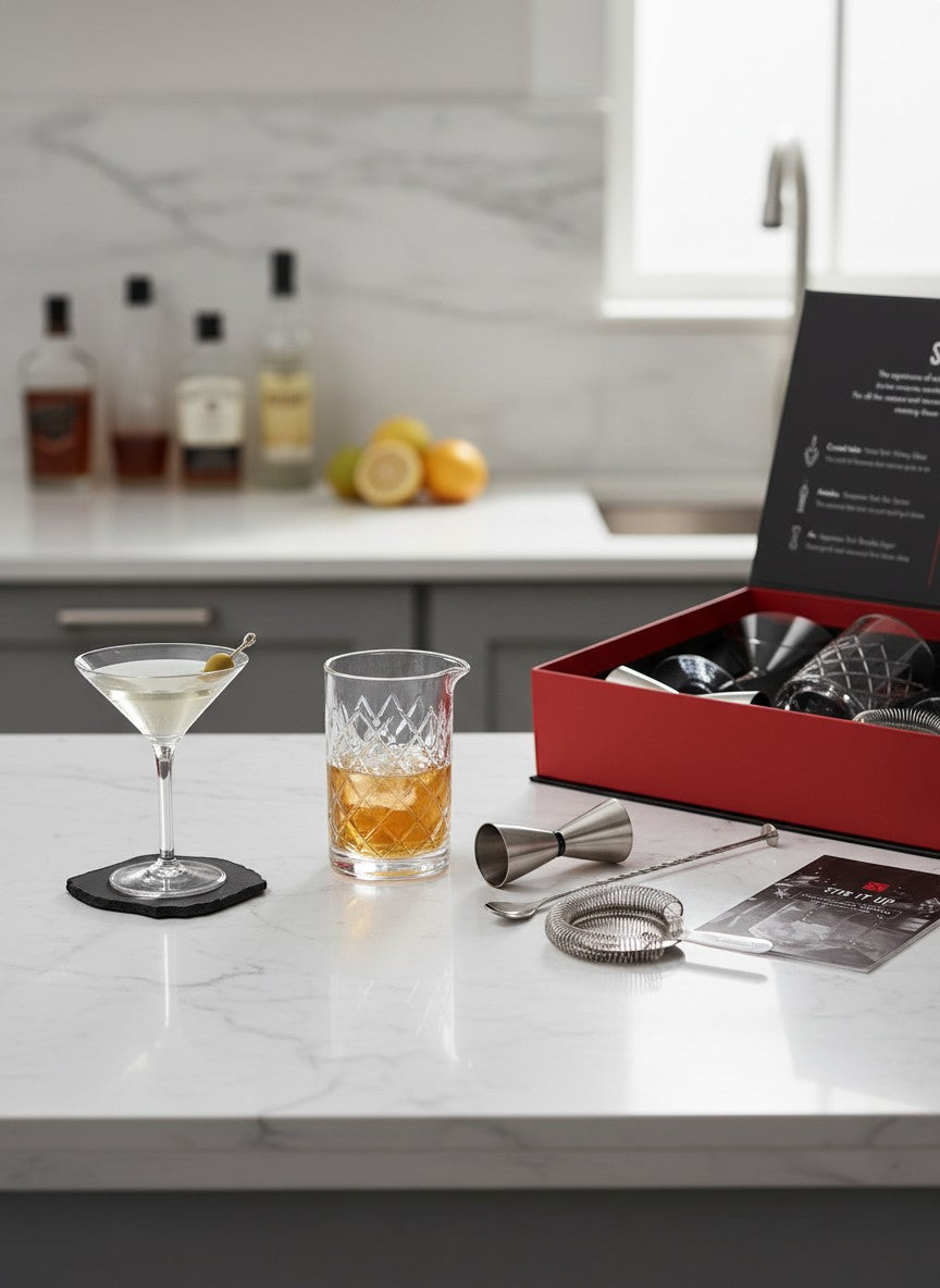 Tap2Own premium cocktail mixing set with crystal glassware, jigger, bar spoon, and strainer on a marble countertop.