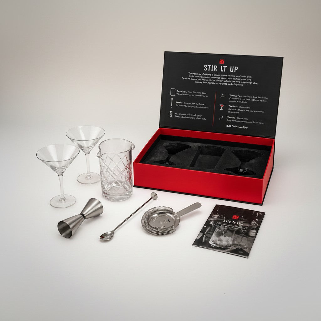 Tap2Own premium cocktail mixing set with crystal glasses, jigger, bar spoon, strainer, and recipe booklet.