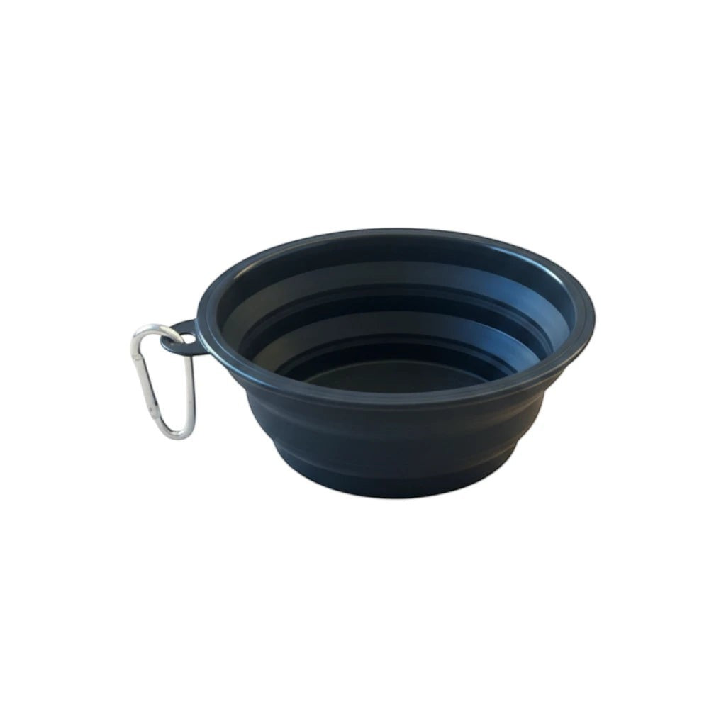 Tap2Own collapsible pet bowl in dark grey silicone with carabiner clip for travel and outdoor use.