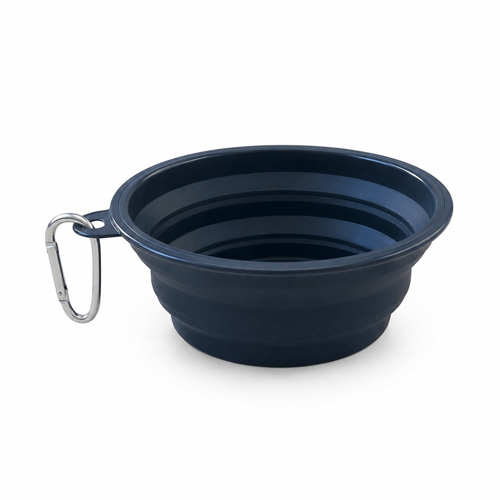 Tap2Own navy blue collapsible silicone pet bowl with carabiner clip for water and food.