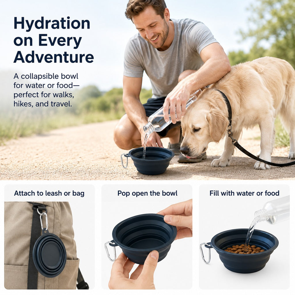 Tap2Own navy blue collapsible silicone pet bowl for water and food, shown in use with a golden retriever on an adventure.