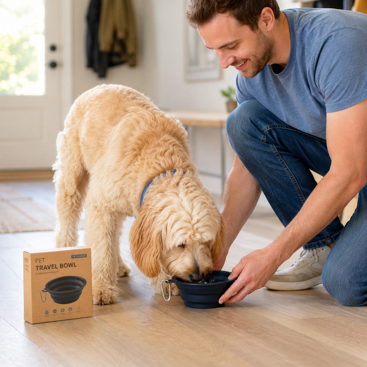 Tap2Own navy blue collapsible silicone pet travel bowl with carabiner clip, being used by a dog.