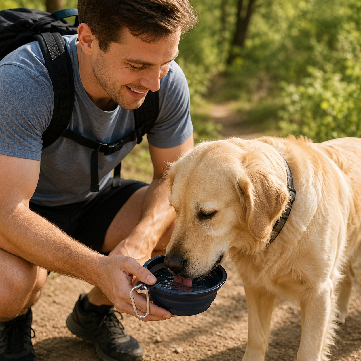 Tap2Own navy blue collapsible silicone pet bowl with carabiner clip, held by a man for a golden retriever to drink from.