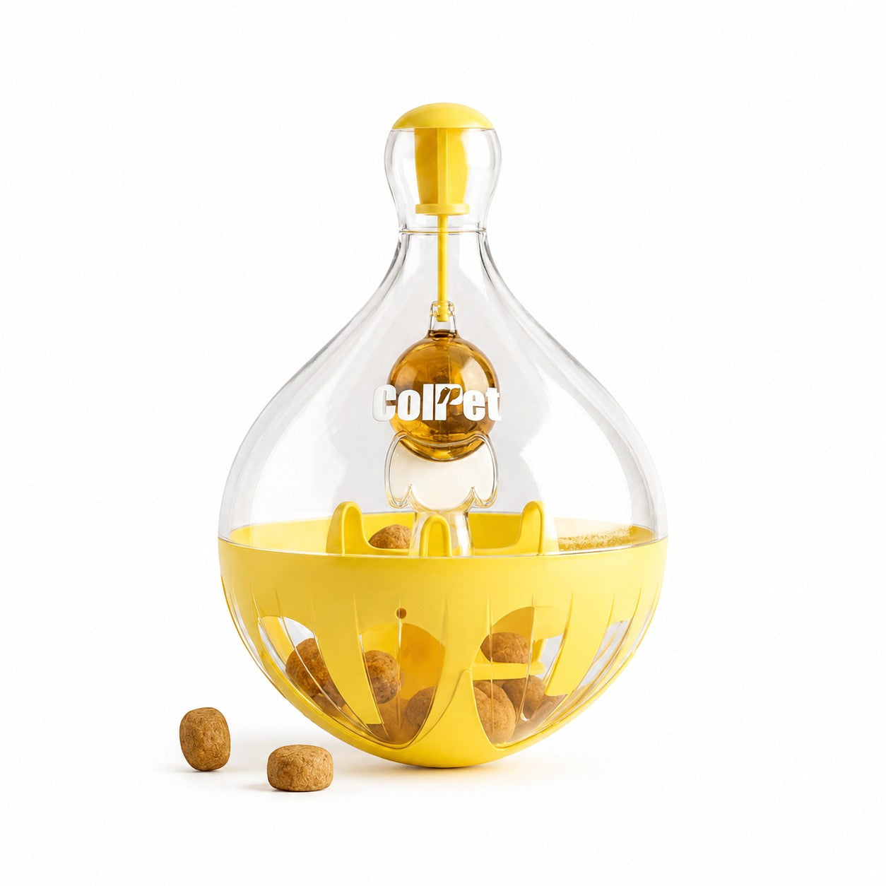 Tap2Own ColPet yellow and clear interactive treat dispensing pet toy with treats inside and outside.