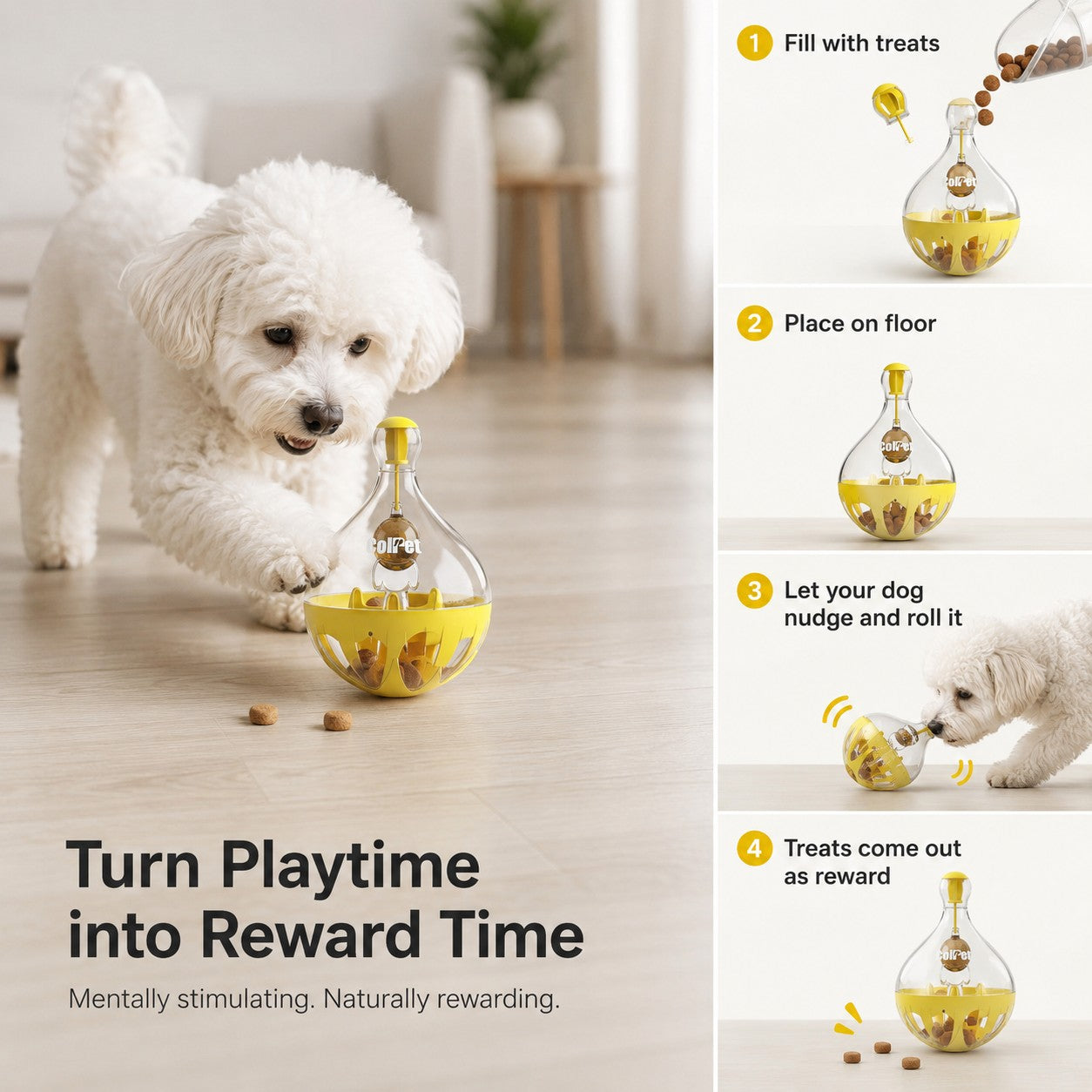 Tap2Own ColPet yellow and clear interactive treat dispensing dog toy. A white dog plays with it.