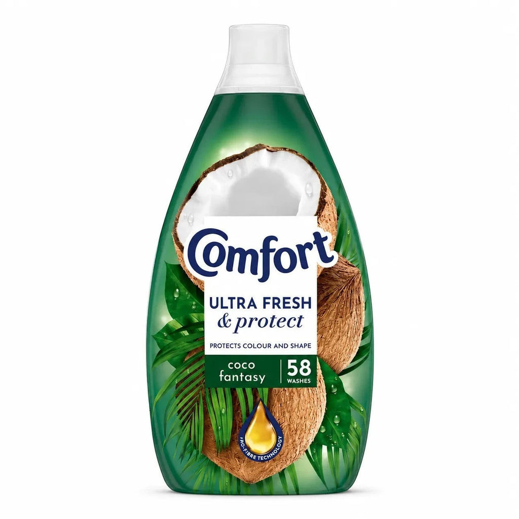 Tap2Own Comfort Ultra Fresh and Protect Coco Fantasy fabric conditioner bottle with coconut and tropical leaf design