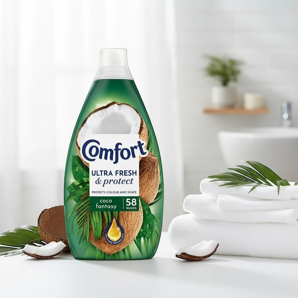 Tap2Own Comfort Ultra Fresh and Protect Coco Fantasy fabric conditioner bottle with coconut and palm leaf imagery.