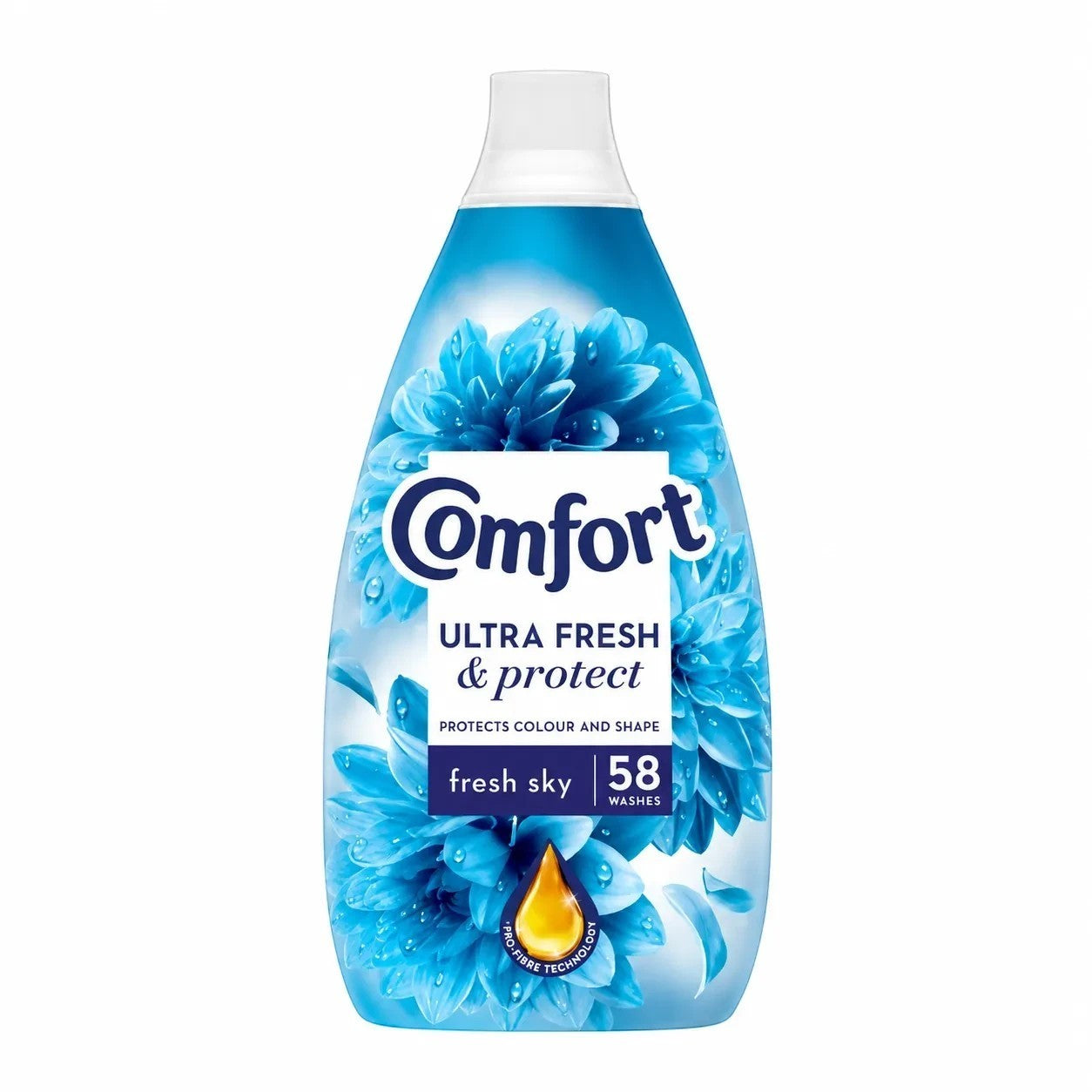Tap2Own Comfort Ultra Fresh and Protect fabric conditioner bottle with blue floral design for 58 washes