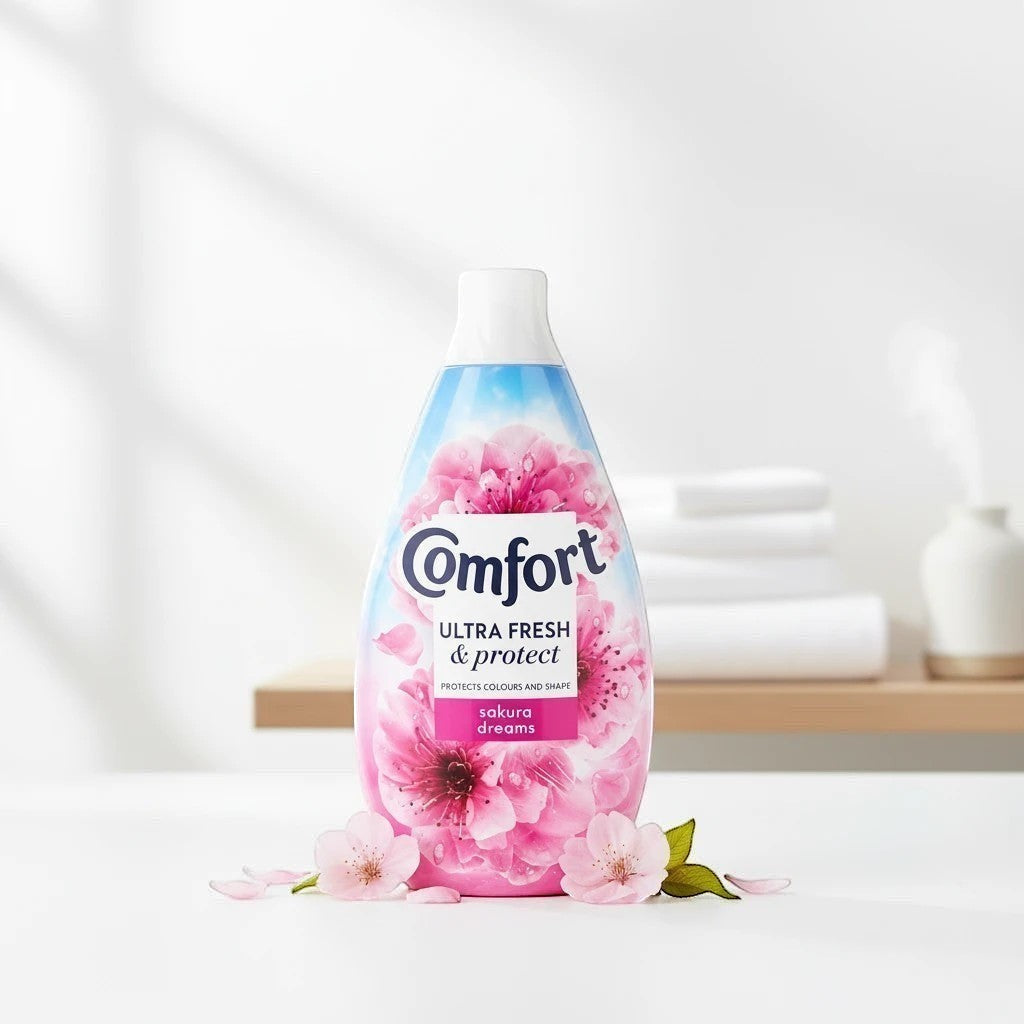 Tap2Own Comfort Ultra Fresh and Protect Sakura Dreams fabric conditioner bottle with cherry blossom floral design