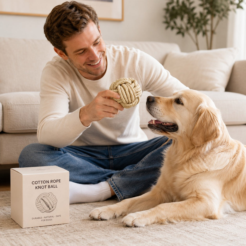 Tap2Own beige cotton rope knot ball dog toy for interactive play and chewing. A man holds the toy for a golden retriever.