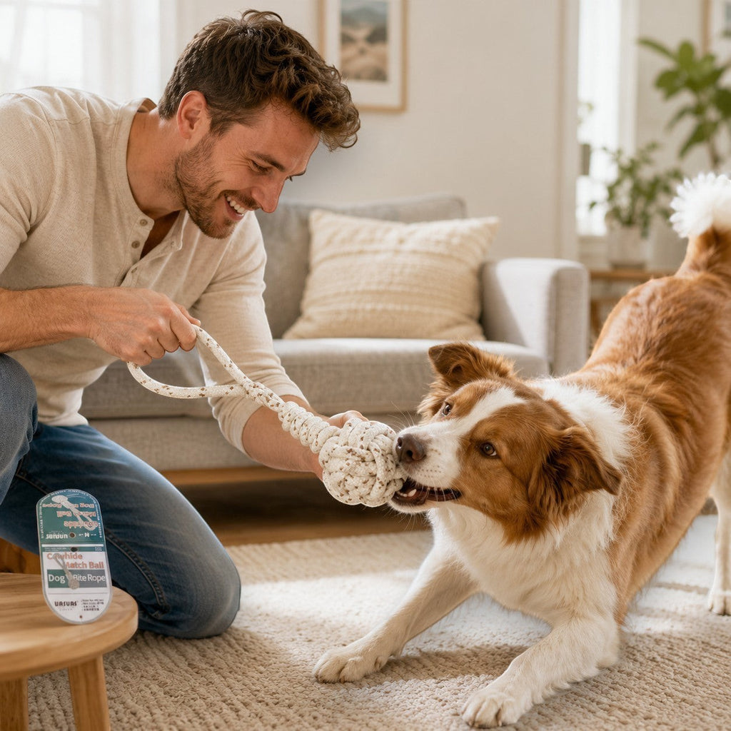 Tap2Own Cowhide Match Ball Dog Bite Rope Toy, a man playing tug-of-war with his dog indoors.