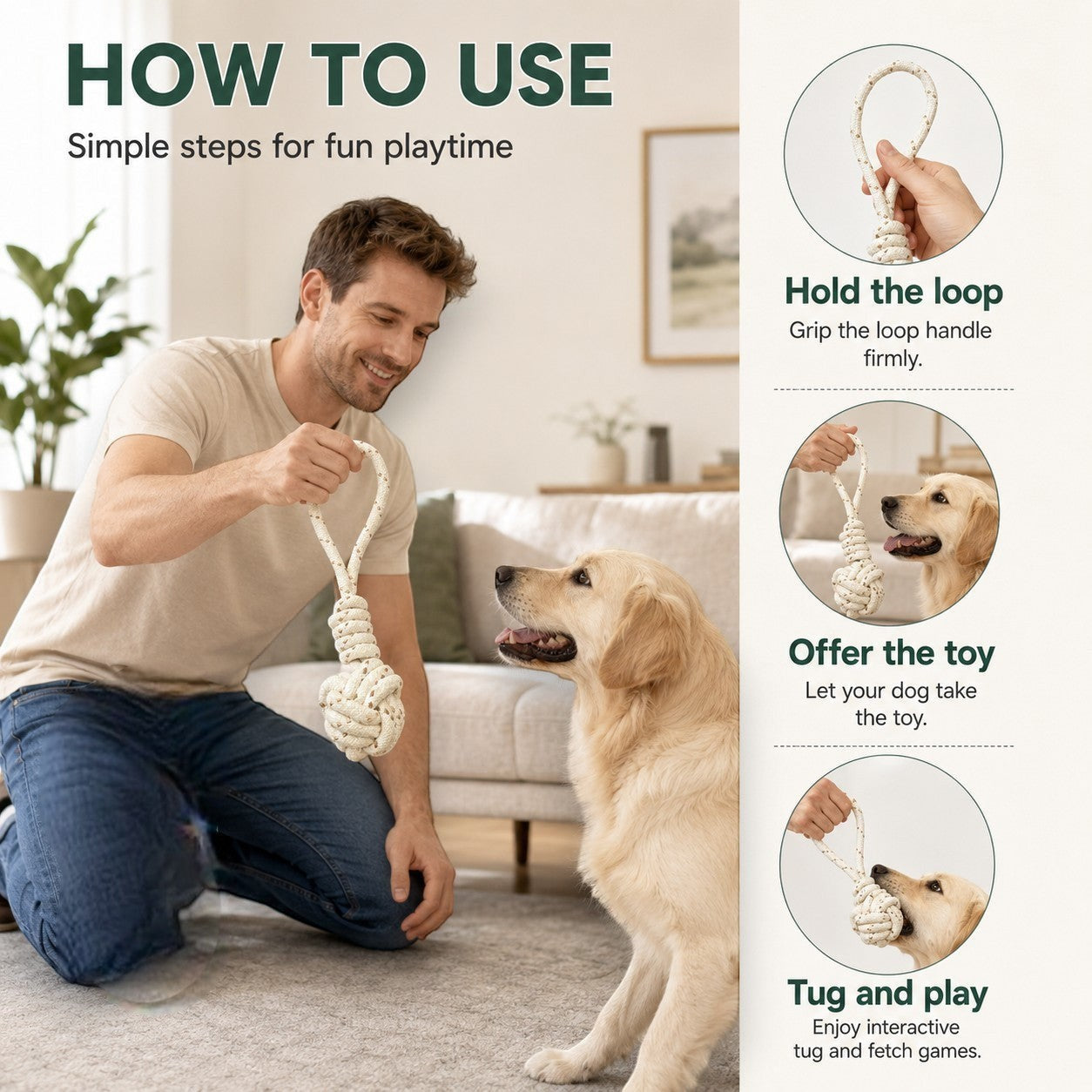 Tap2Own natural cowhide and rope knot ball dog toy for interactive play and chewing