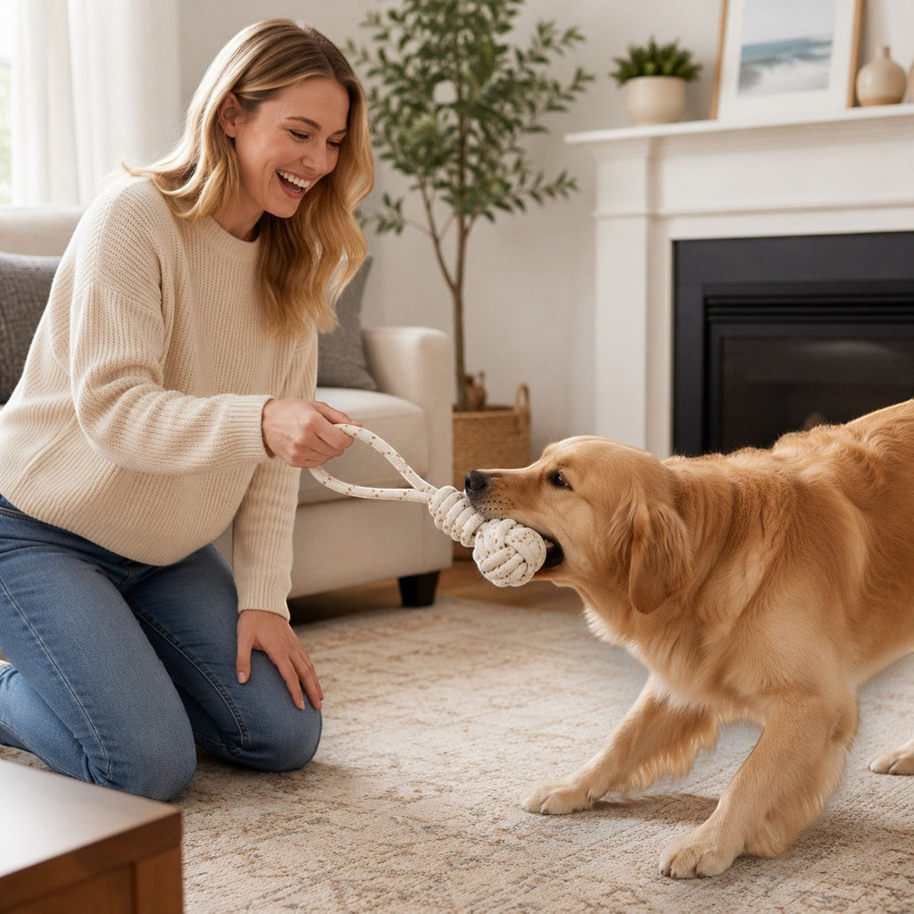 Tap2Own natural cowhide and rope knot ball dog toy, perfect for tug-of-war and chewing.