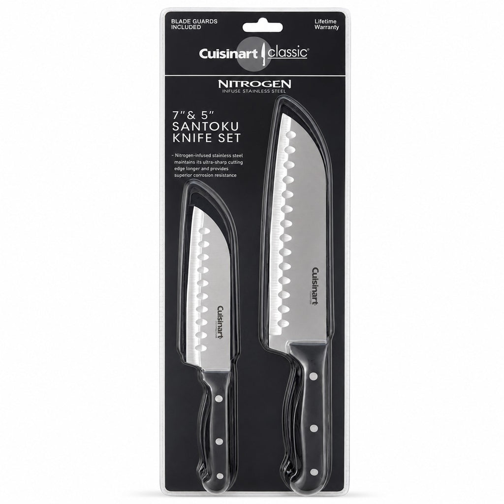 Tap2Own Cuisinart Classic 7" & 5" Santoku Knife Set. Nitrogen-infused stainless steel blades with hollow edges and ergonomic handles. Includes blade guards.