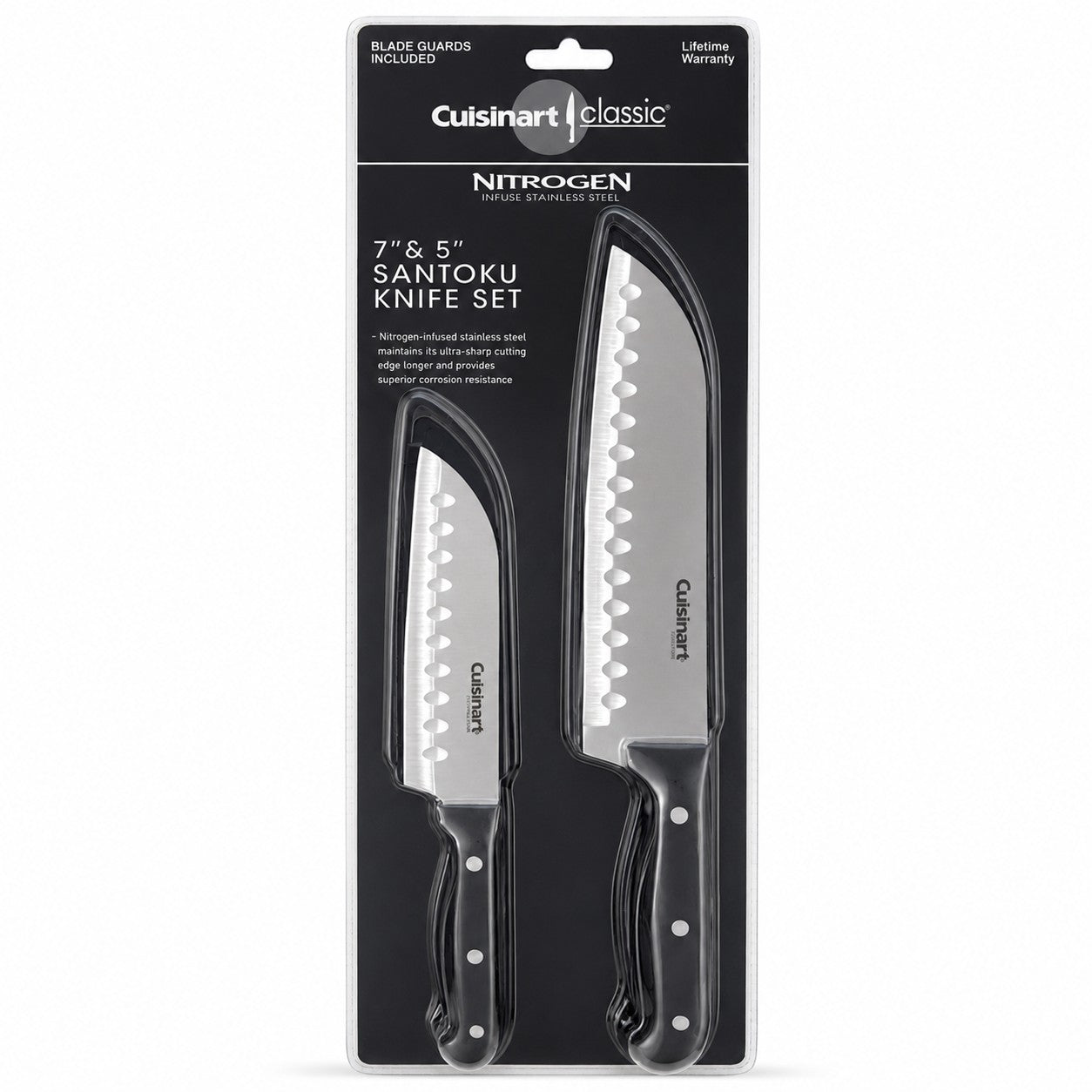 Tap2Own Cuisinart Classic 7" & 5" Santoku Knife Set. Nitrogen-infused stainless steel blades with hollow edges and ergonomic handles. Includes blade guards.