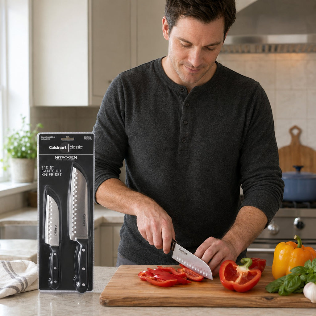 Tap2Own Cuisinart Classic 7" & 5" Santoku knife set in stainless steel with ergonomic handles and blade guards.