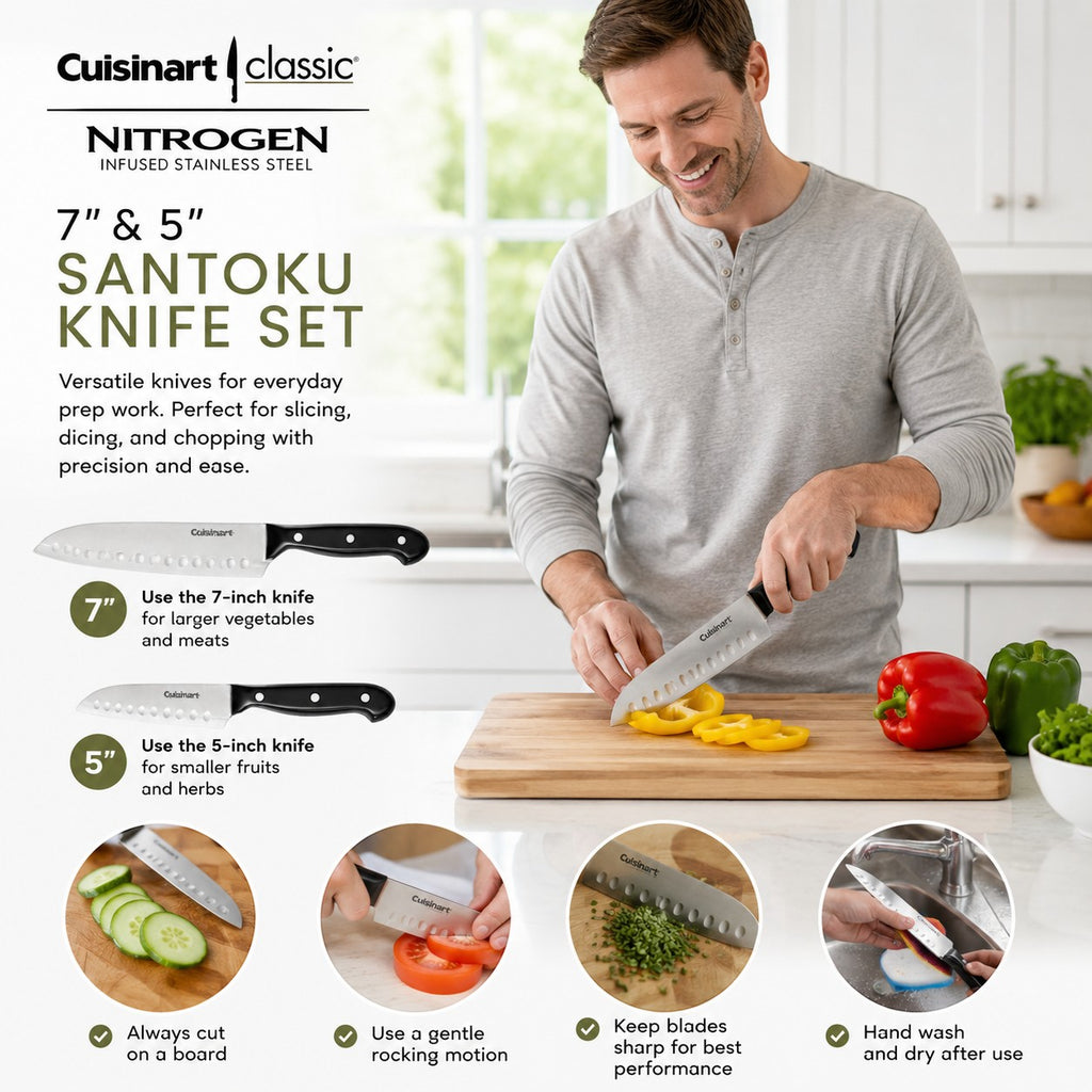 Tap2Own Cuisinart Classic 7" & 5" Santoku knife set, nitrogen-infused stainless steel blades, ergonomic handles, for slicing, dicing, chopping.
