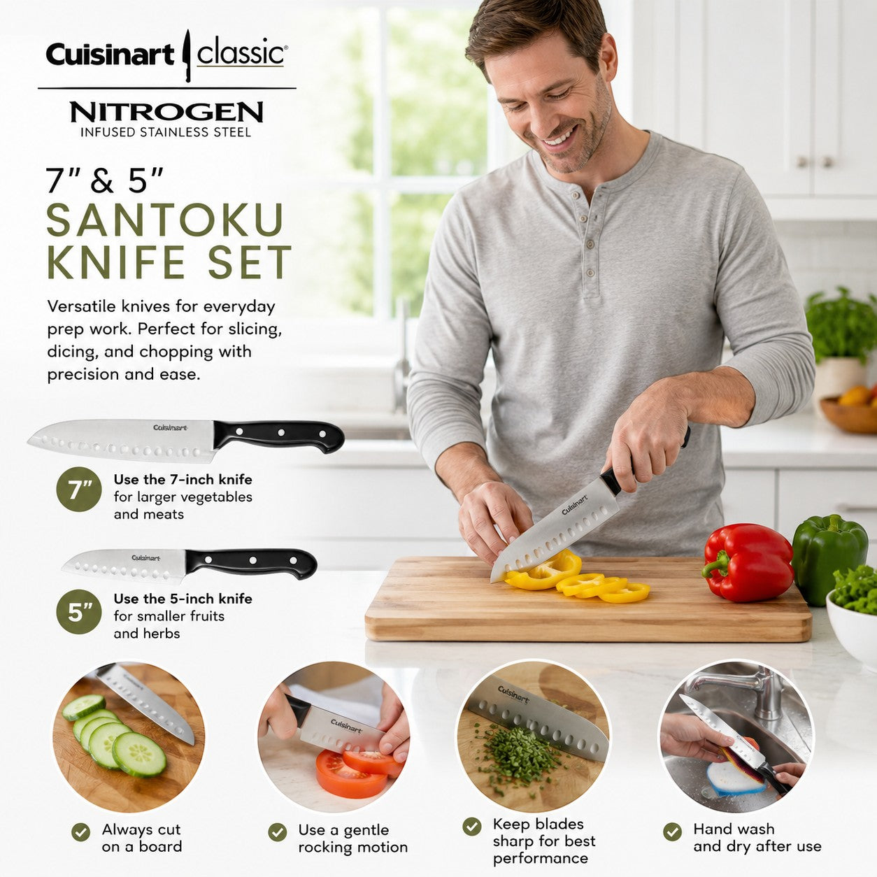 Tap2Own Cuisinart Classic 7" & 5" Santoku knife set, nitrogen-infused stainless steel blades, ergonomic handles, for slicing, dicing, chopping.
