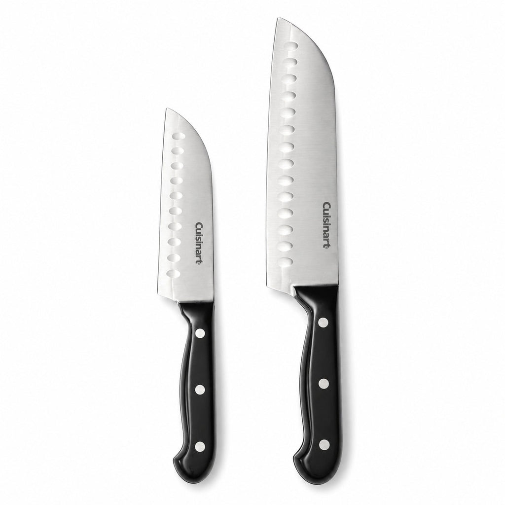 Tap2Own Cuisinart Classic Santoku knife set with 7-inch and 5-inch blades, stainless steel with hollow edge and black handles.