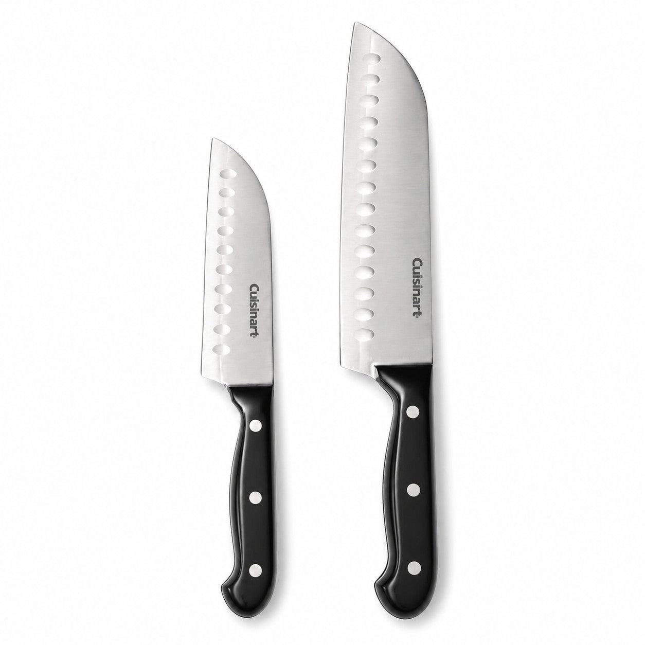Tap2Own Cuisinart Classic Santoku knife set with 7-inch and 5-inch blades, stainless steel with hollow edge and black handles.