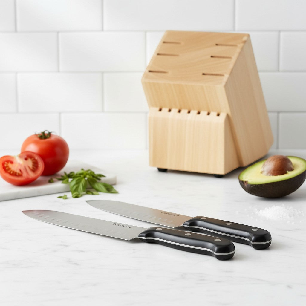 Tap2Own Cuisinart Classic Santoku knife set, stainless steel blades with ergonomic black handles, shown with a knife block, tomato, and avocado.