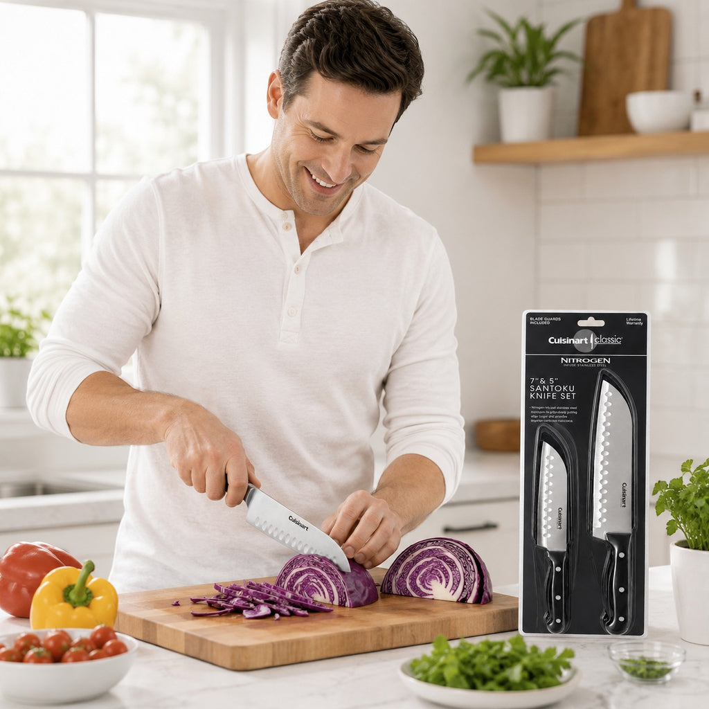 Tap2Own Cuisinart Classic 7" & 5" Santoku Knife Set, nitrogen-infused stainless steel blades with ergonomic handles, for slicing and dicing.