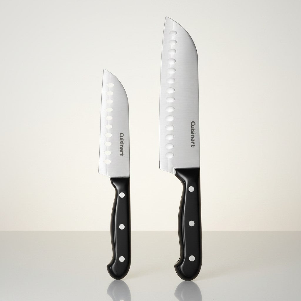 Tap2Own Cuisinart Classic Santoku knife set, 7-inch and 5-inch, stainless steel with hollow edge and black handles.