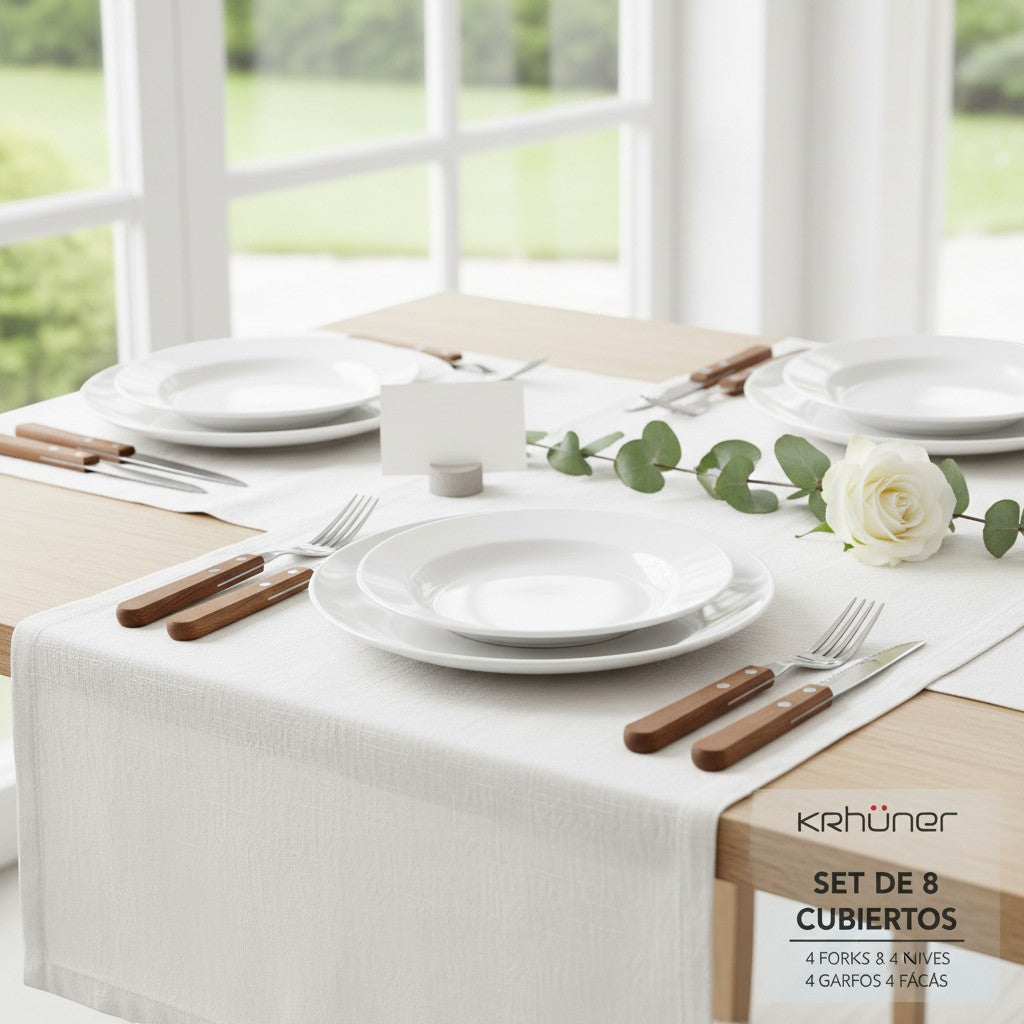 Tap2Own 8-piece cutlery set with stainless steel heads and ergonomic wooden handles, includes 4 forks and 4 knives.