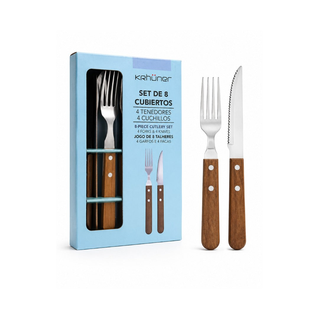 Tap2Own 8-piece cutlery set with stainless steel heads and ergonomic wooden handles. Includes 4 forks and 4 knives.