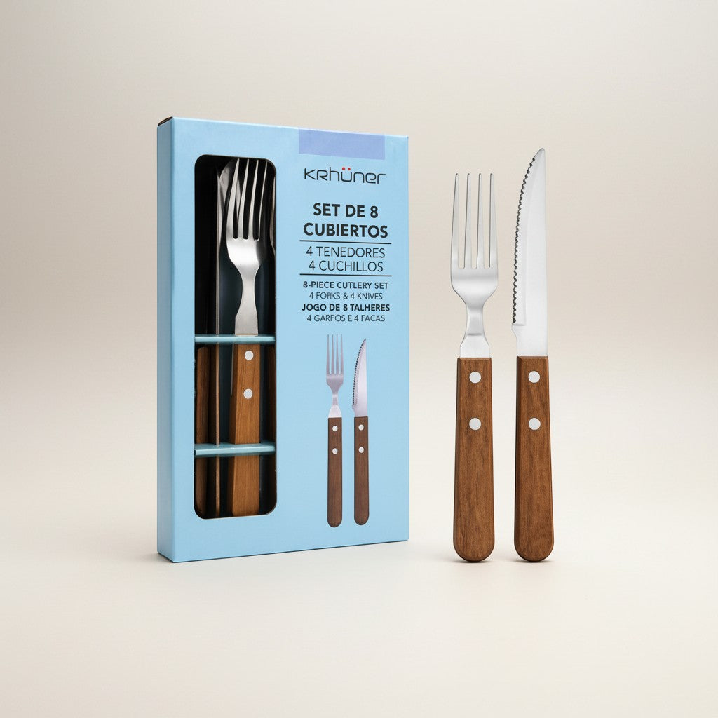 Tap2Own 8-piece cutlery set with stainless steel heads and ergonomic wooden handles, includes 4 forks and 4 knives.