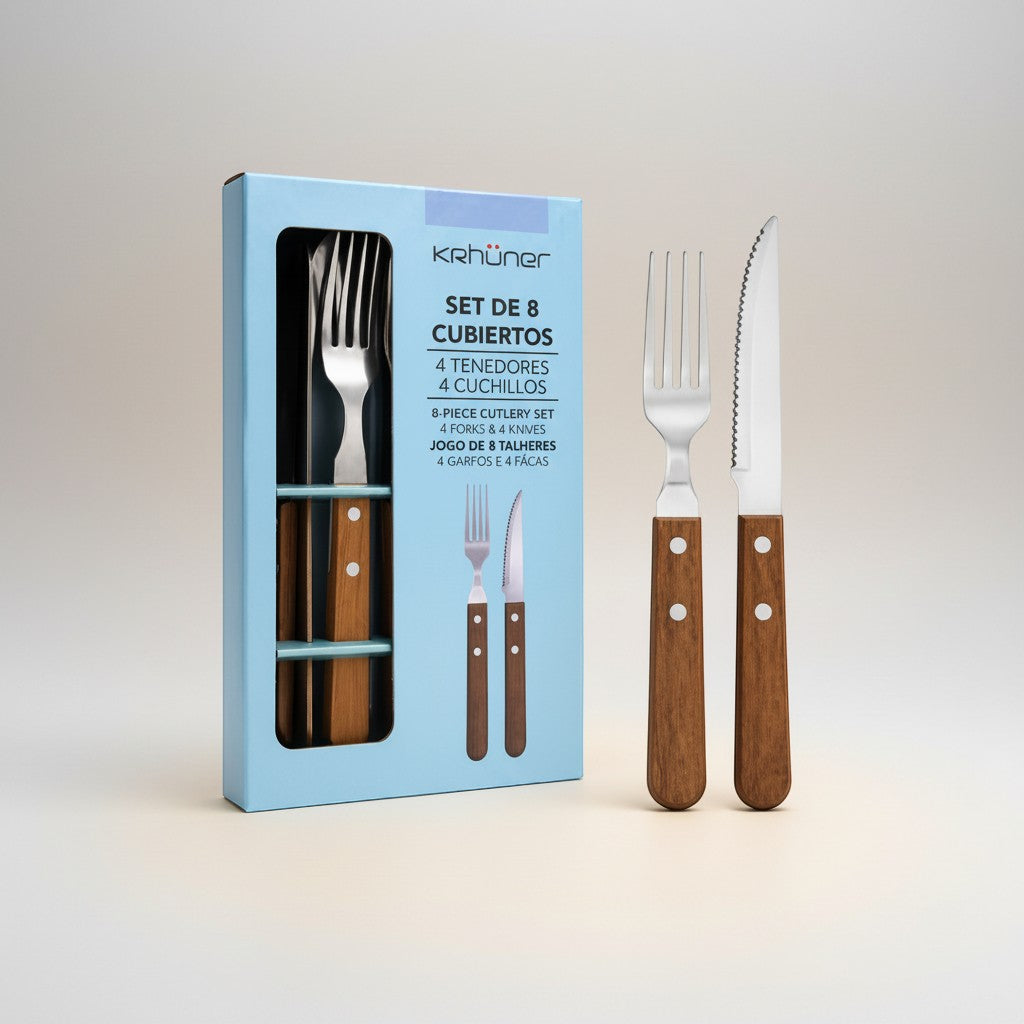 Tap2Own 8-piece cutlery set with stainless steel heads and ergonomic wooden handles, including 4 forks and 4 knives.