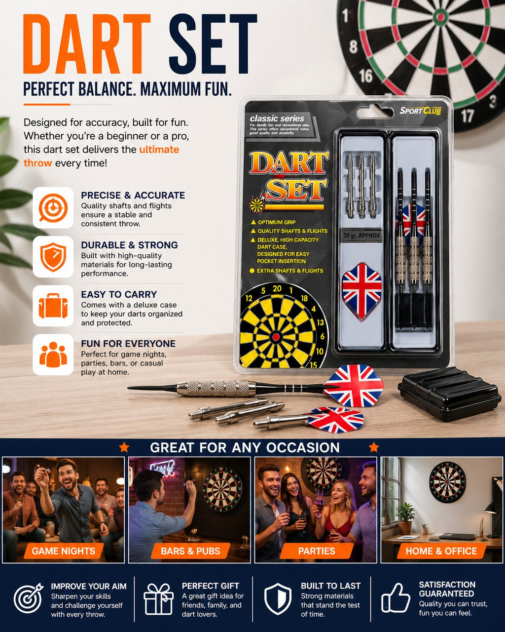 Tap2Own professional dart set with Union Jack flights and a deluxe carrying case, designed for accuracy and durability.