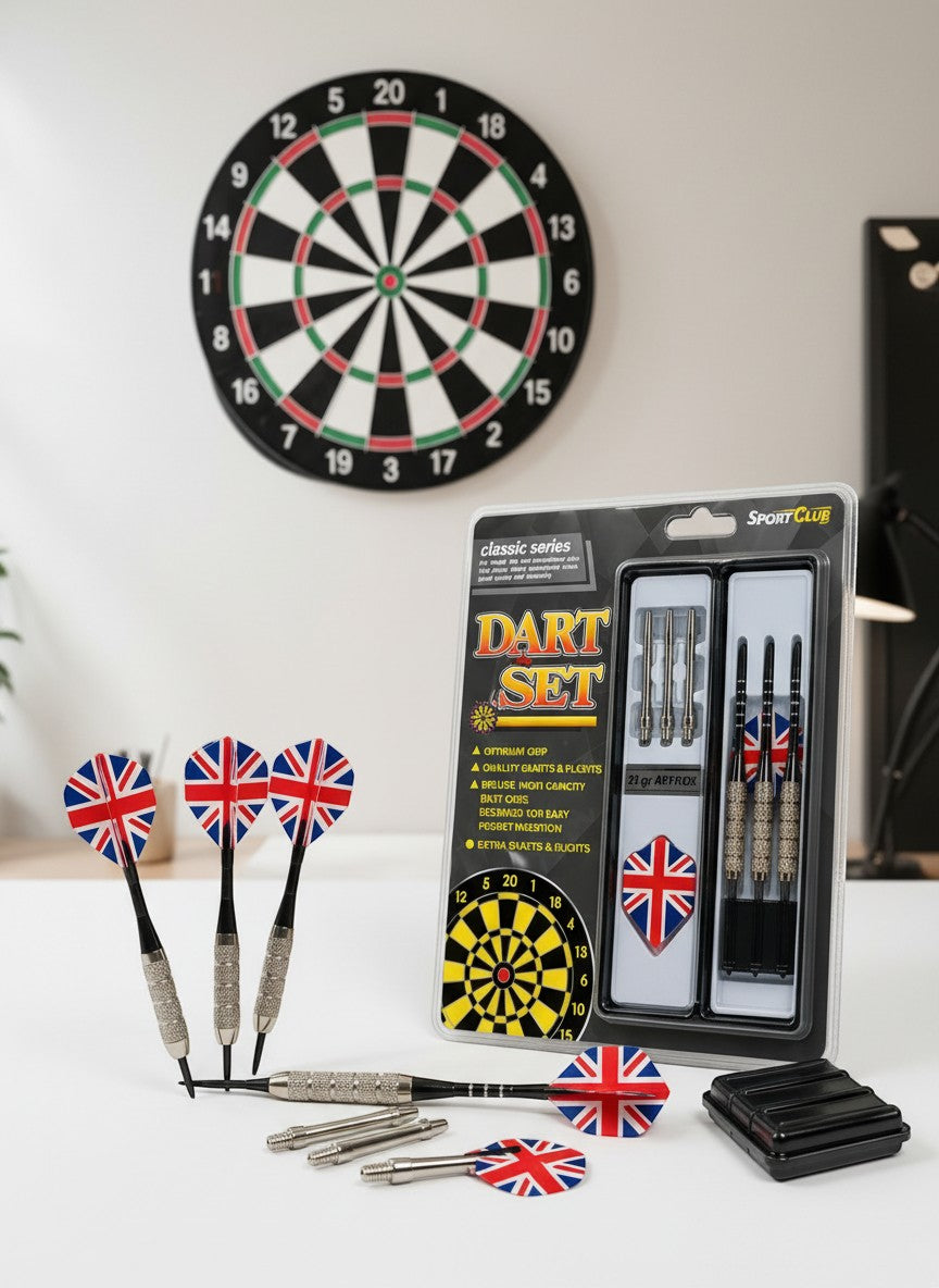Tap2Own professional dart set with Union Jack flights and carrying case. Includes darts with optimum grip and high-quality shafts.