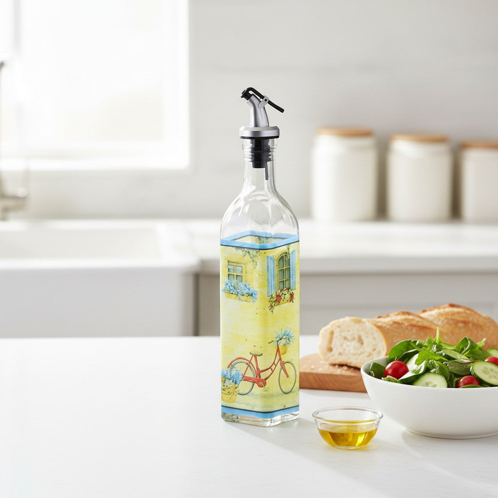 Tap2Own decorative glass oil and vinegar dispenser bottle with hand-painted European village scene, bicycle, and flowers.