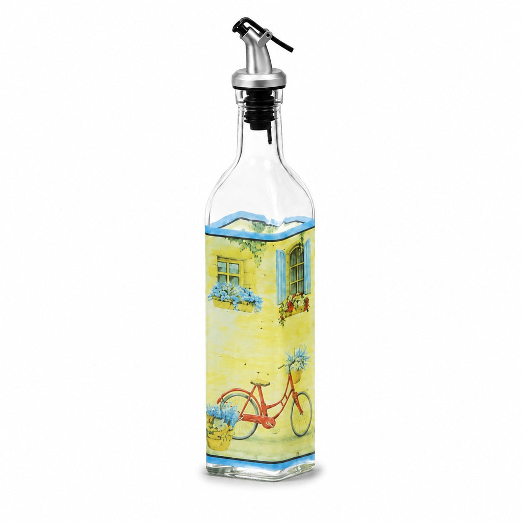Tap2Own Decorative Glass Oil and Vinegar Dispenser Bottle with hand-painted European village scene, bicycle, and flowers.