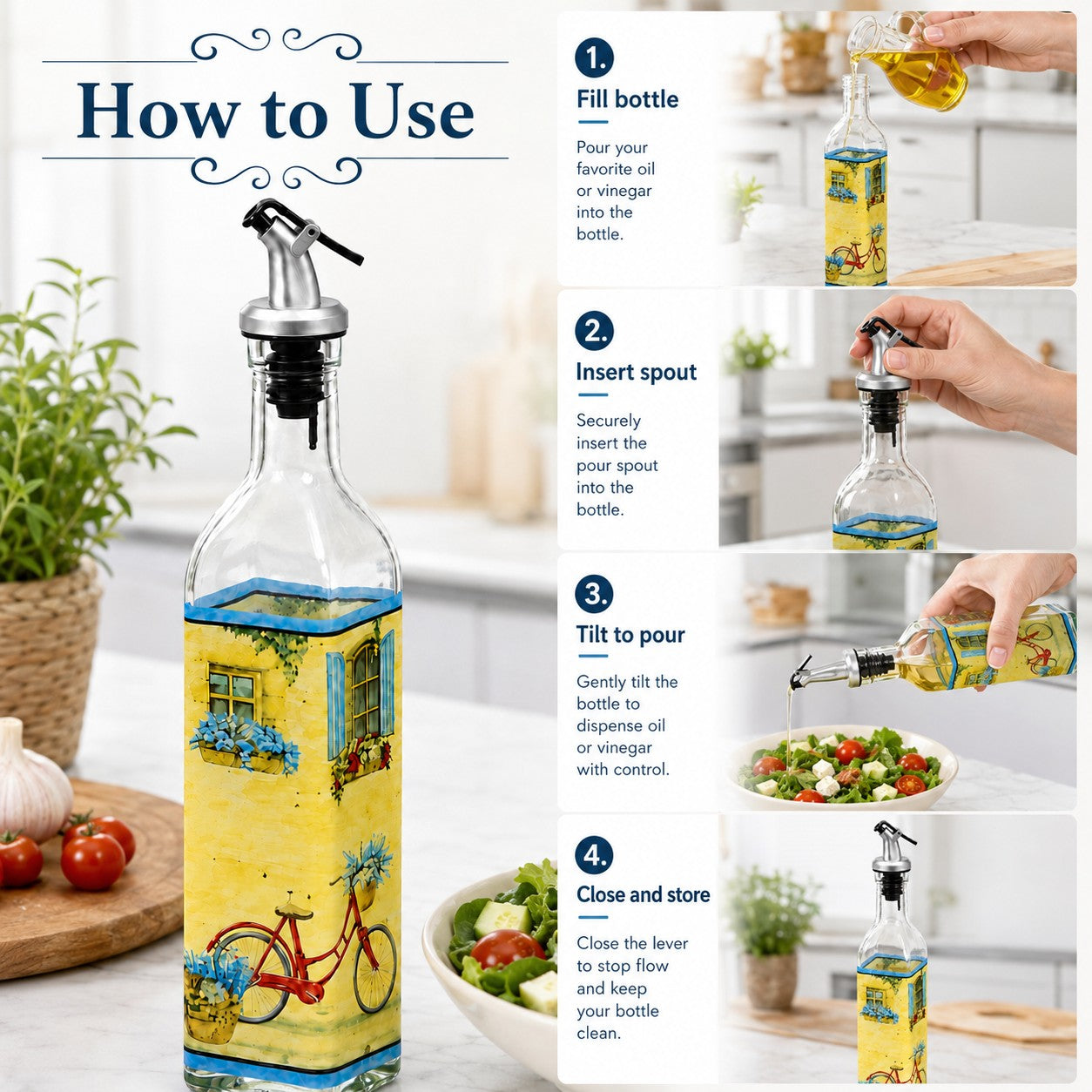 Tap2Own Decorative glass oil and vinegar dispenser bottle with hand-painted European village scene, red bicycle, and stainless steel pour spout.