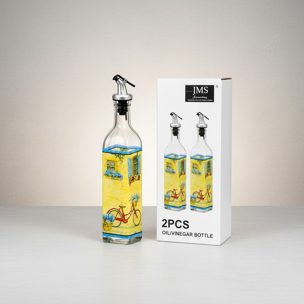 Tap2Own Decorative Glass Oil and Vinegar Dispenser Bottles with hand-painted bicycle and floral design, yellow and blue.