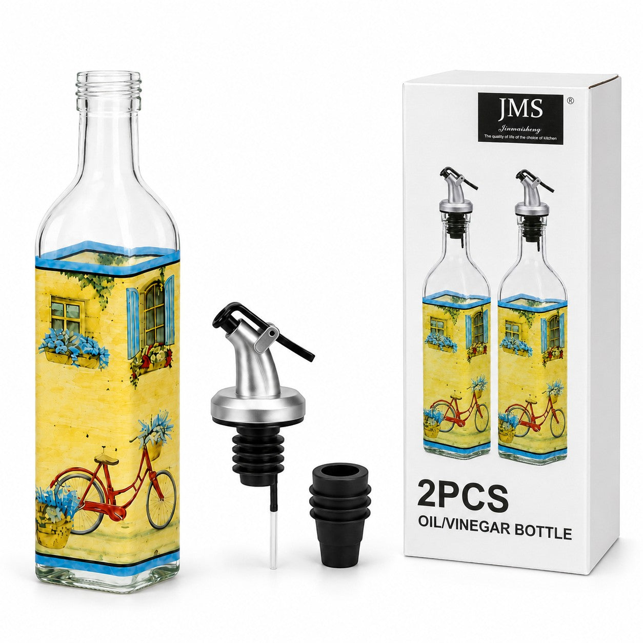 Tap2Own Decorative Glass Oil and Vinegar Dispenser Bottles with hand-painted European village scene, bicycle, and flowers. Set of 2.