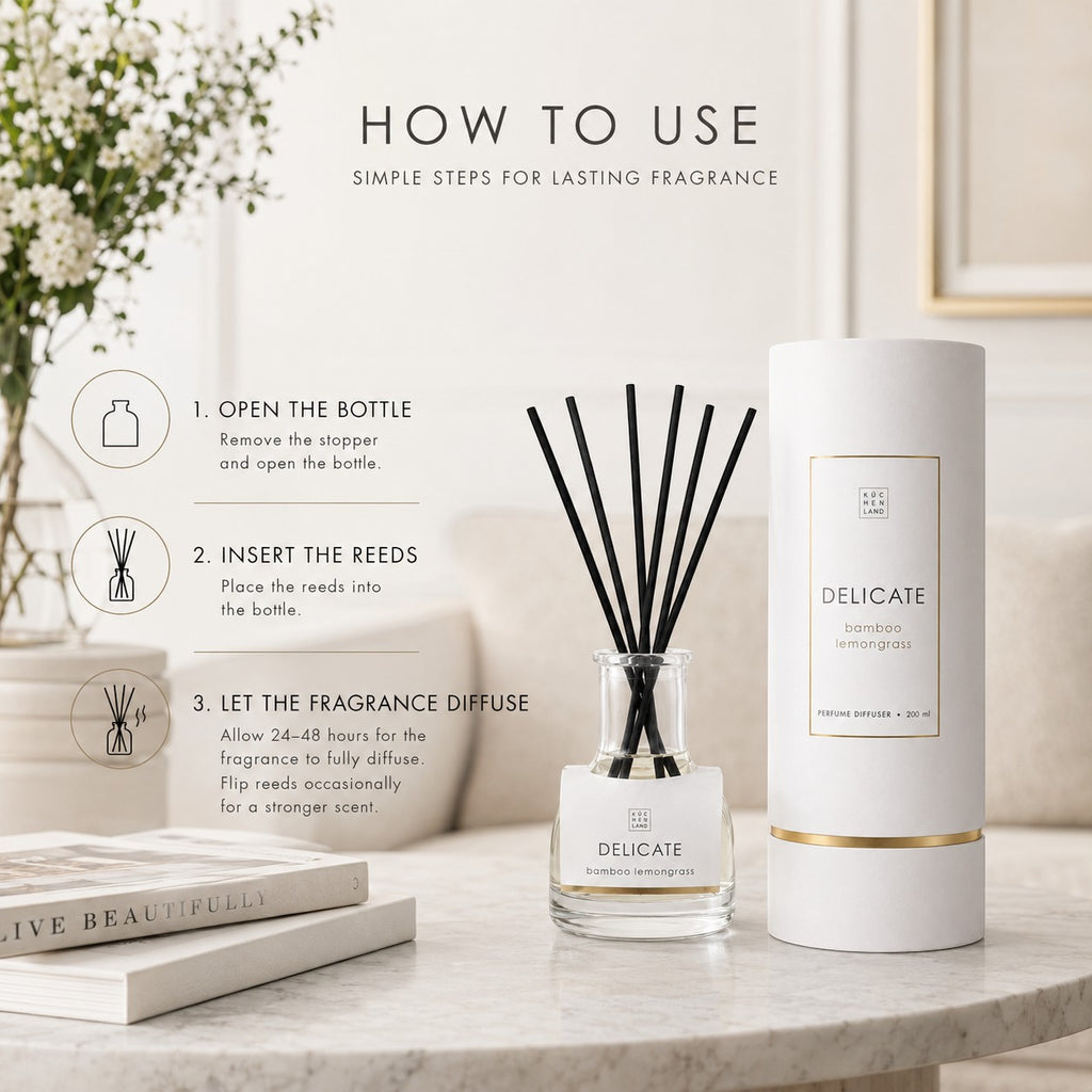 Tap2Own Delicate Bamboo Lemongrass perfume diffuser with black reeds in a clear glass bottle and its packaging.