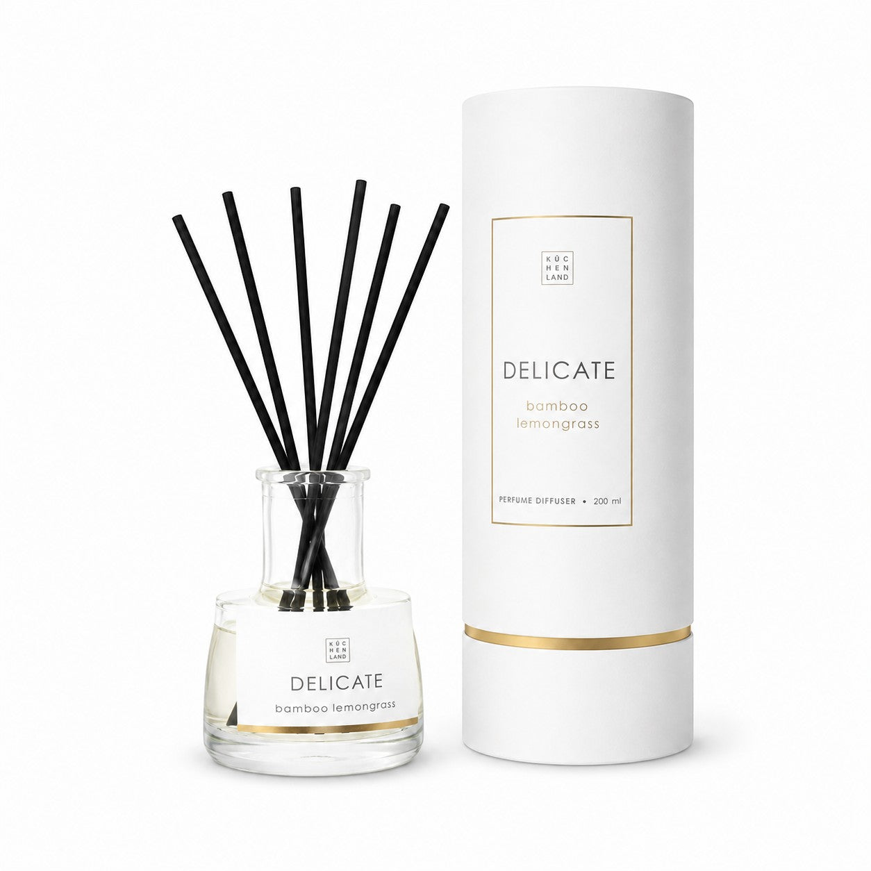 Tap2Own Delicate Perfume Diffuser with black reeds in a clear glass bottle, Bamboo Lemongrass scent.