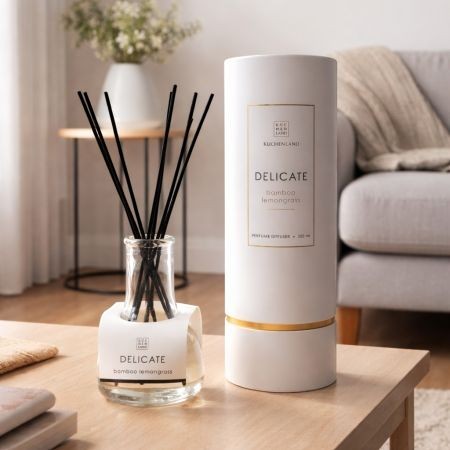 Tap2Own Delicate Perfume Diffuser with black reeds in a minimalist glass bottle, Bamboo Lemongrass scent.