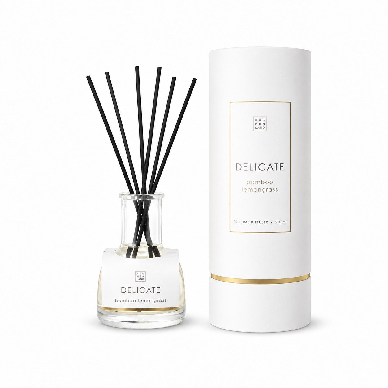 Tap2Own Delicate Perfume Diffuser with black reeds in a clear glass bottle, Bamboo Lemongrass scent, 200ml.