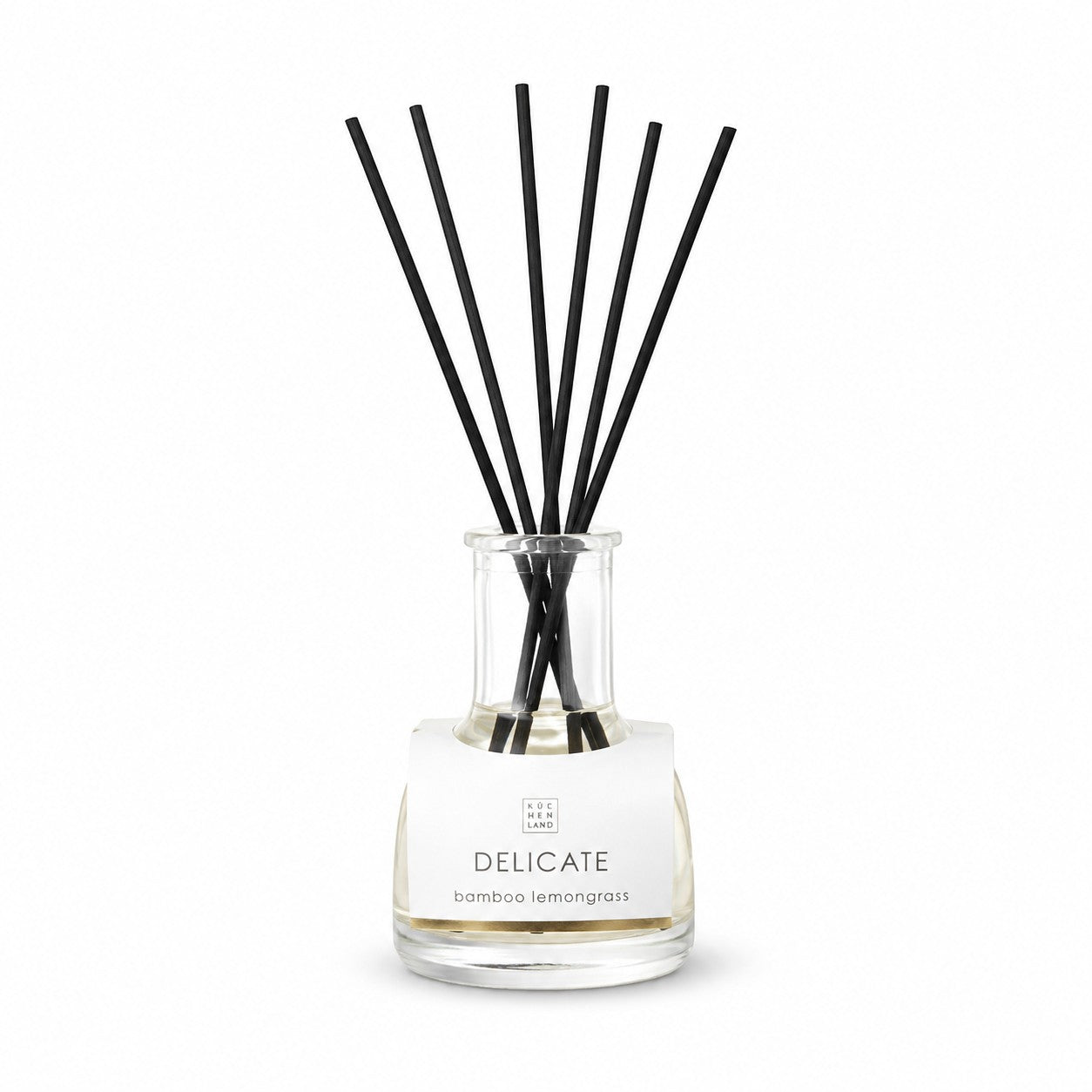 Tap2Own Delicate Bamboo Lemongrass perfume diffuser with black reeds in a clear glass bottle, 200ml.