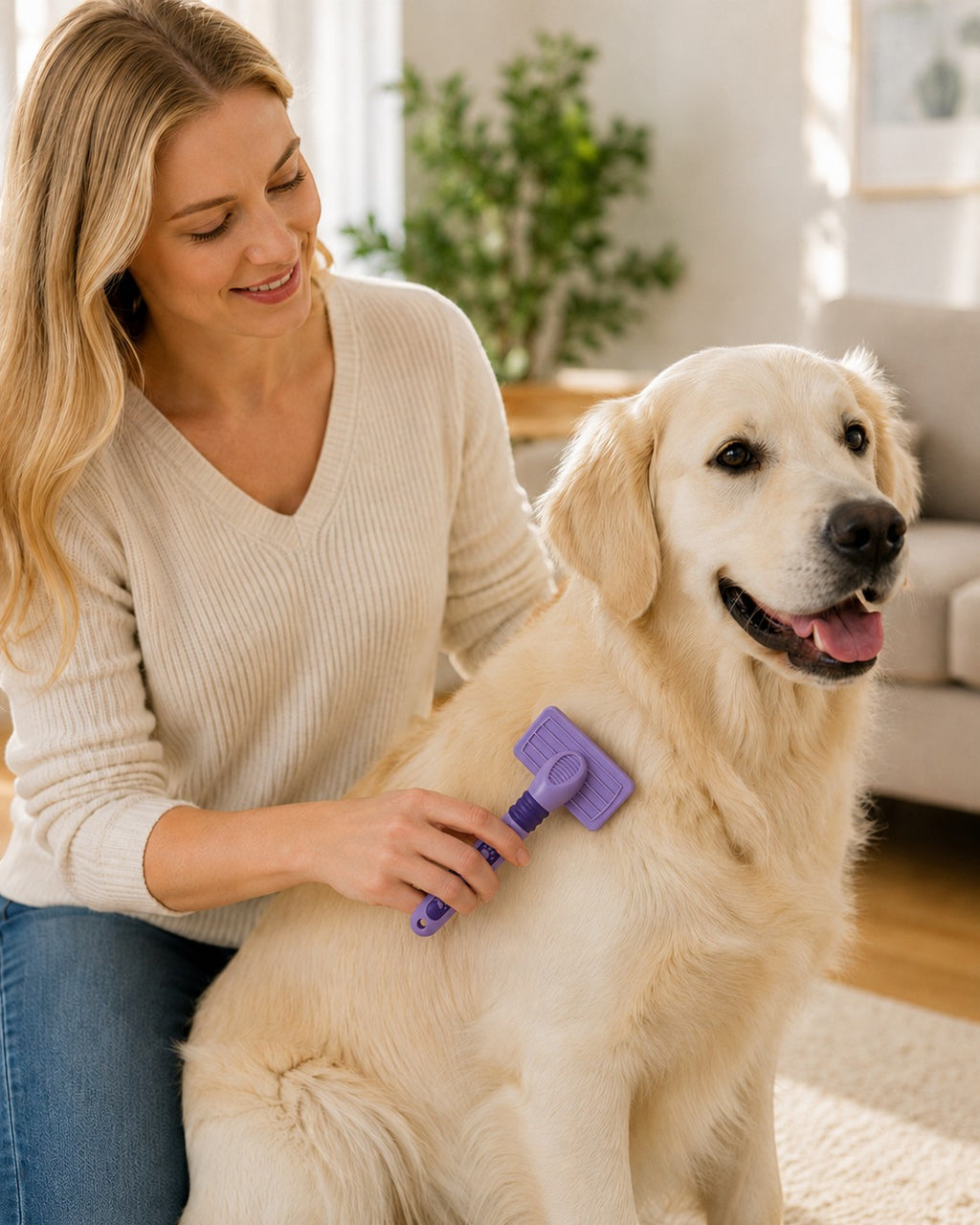 Tap2Own lavender deshedding brush grooming a golden retriever dog. Plastic brush with paw print detail.