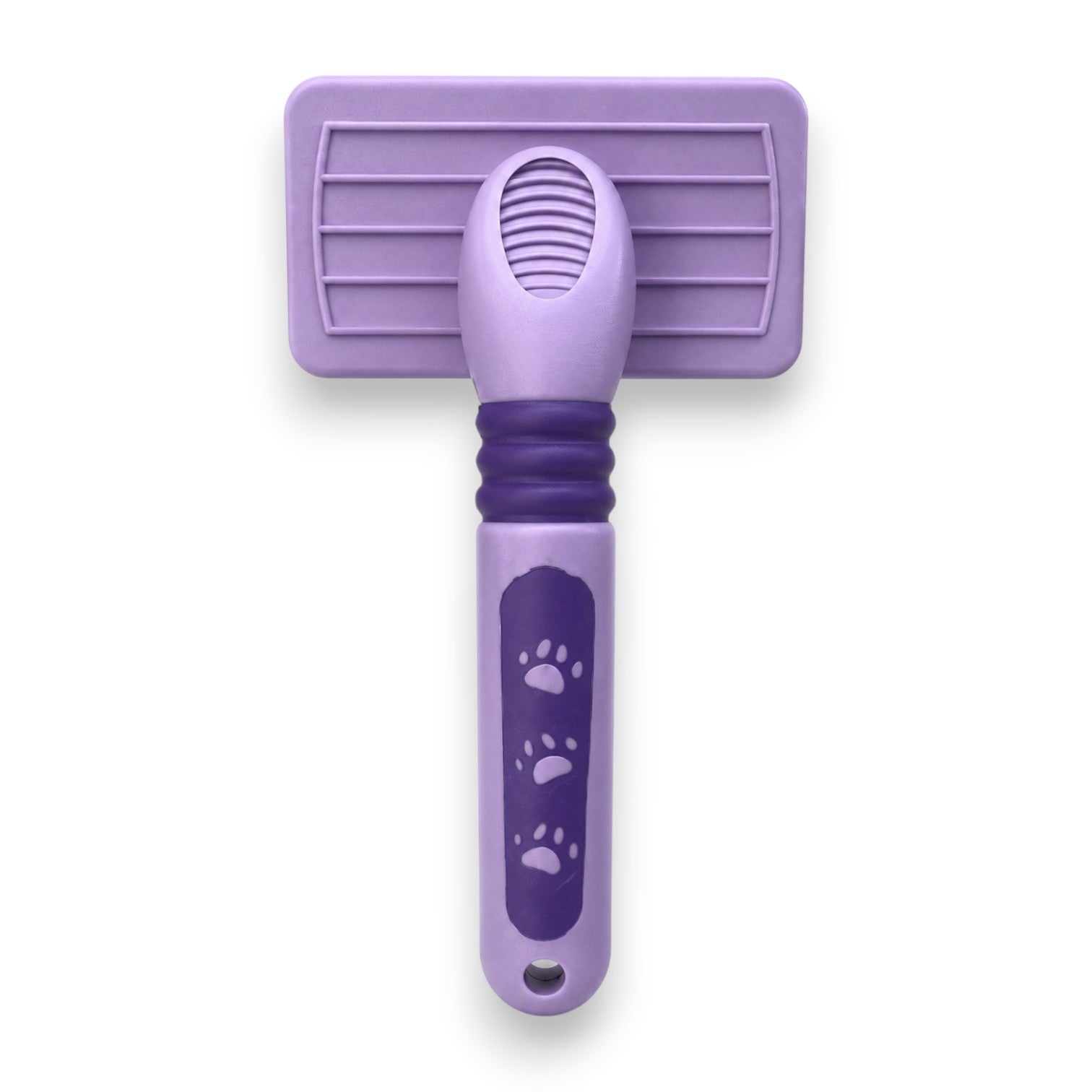 Tap2Own lavender deshedding brush for dogs and cats with paw print details and ergonomic handle.