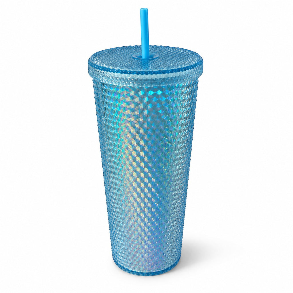 Tap2Own iridescent blue diamond studded tumbler with straw. Textured BPA-free plastic for cold beverages.