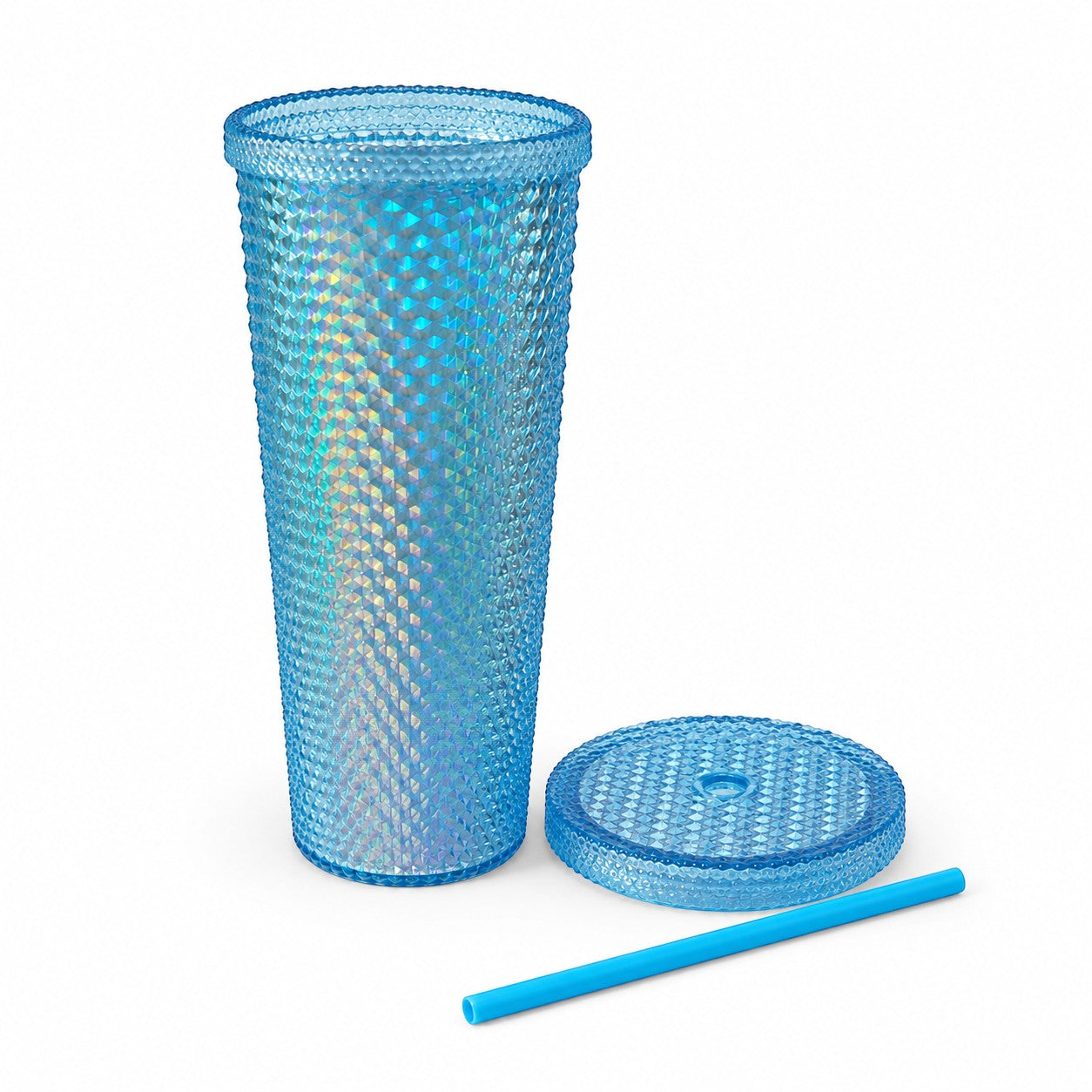 Tap2Own iridescent blue diamond studded tumbler with straw and lid. Textured BPA-free plastic.