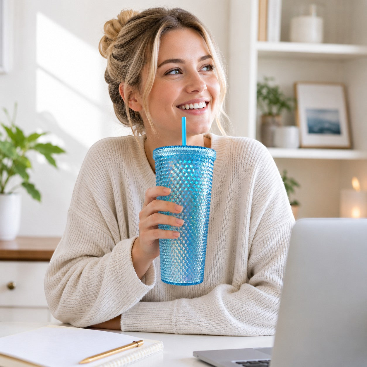 Tap2Own blue diamond studded tumbler with straw, BPA-free plastic, screw-on lid, textured surface for grip.