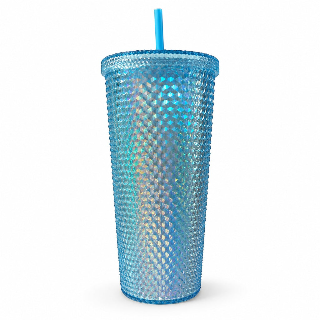 Tap2Own iridescent blue diamond studded tumbler with straw. Textured plastic, BPA-free, screw-on lid.