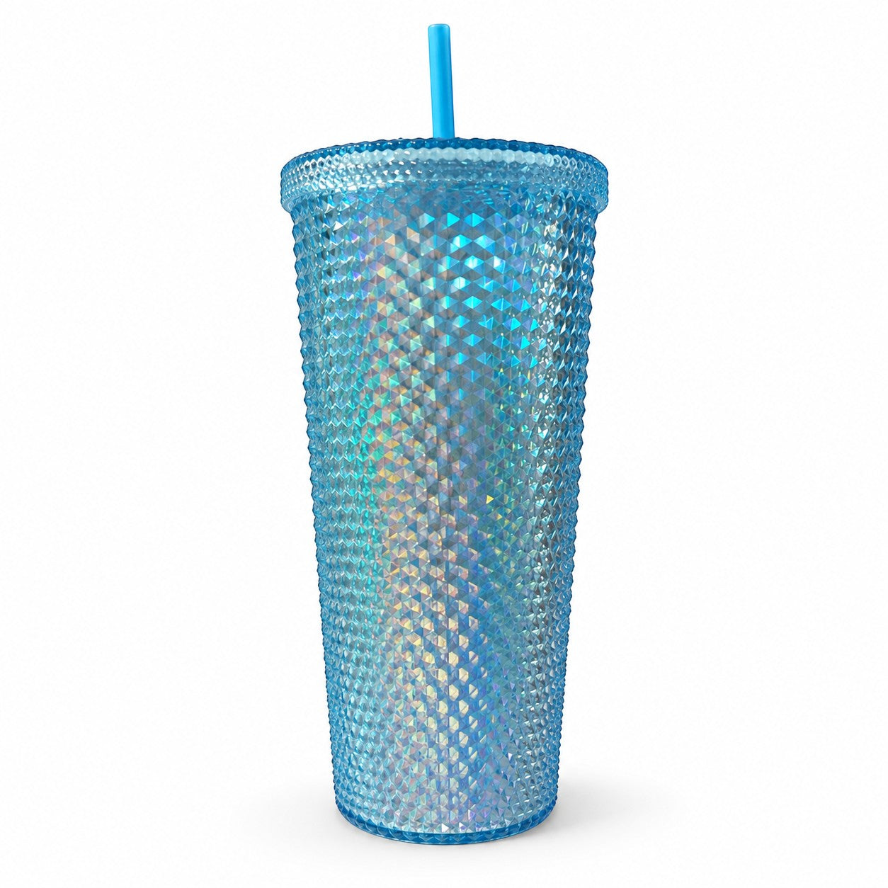 Tap2Own iridescent blue diamond studded tumbler with straw. Textured plastic, BPA-free, screw-on lid.